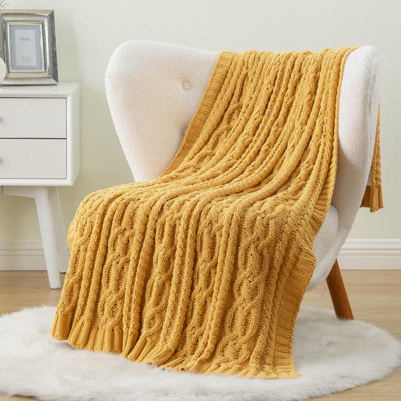 Battilo Mustard Yellow Throw Blanket 51"x67" Chenille Knitted Throw Blanket for Couch, Gold Throw Blankets for Home Decor, Summer Fall Decor Blanket - Image 2