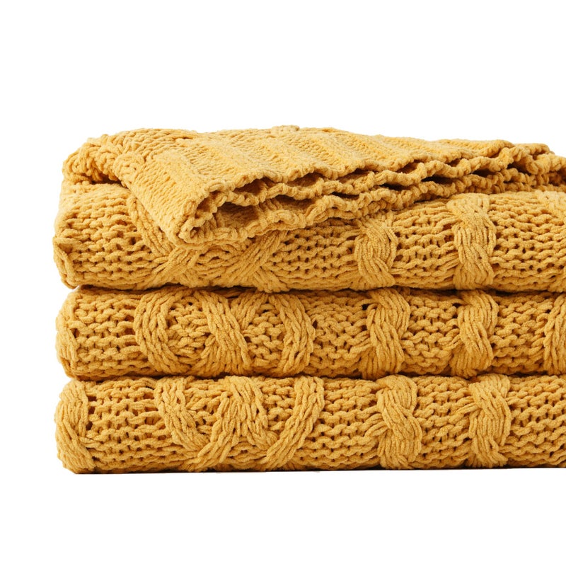 Battilo Mustard Yellow Throw Blanket 51"x67" Chenille Knitted Throw Blanket for Couch, Gold Throw Blankets for Home Decor, Summer Fall Decor Blanket - Image 1