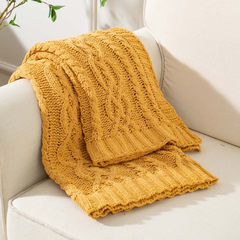 Battilo Mustard Yellow Throw Blanket 51"x67" Chenille Knitted Throw Blanket for Couch, Gold Throw Blankets for Home Decor, Summer Fall Decor Blanket - Image 4
