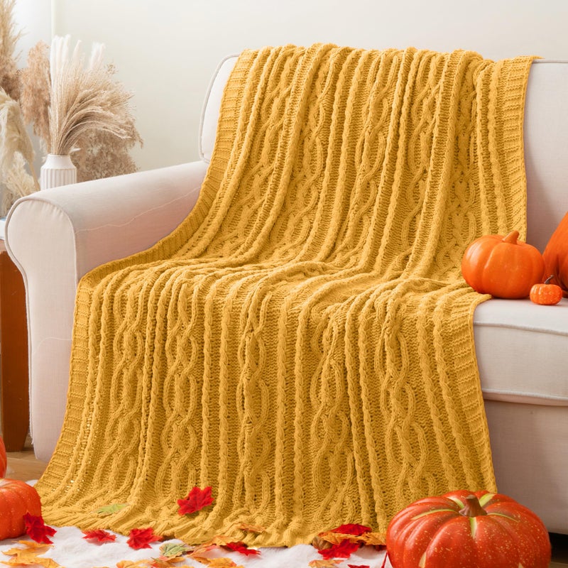 Battilo Mustard Yellow Throw Blanket 51"x67" Chenille Knitted Throw Blanket for Couch, Gold Throw Blankets for Home Decor, Summer Fall Decor Blanket - Image 3