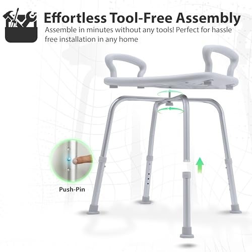 KosmoCare Crest Series Shower Bench with Height Adjustable, Tool-Free Assembly Shower Chair with Anti-Slip Rubber Tips for Safety of Seniors & Elderly - with Armrest - Image 5