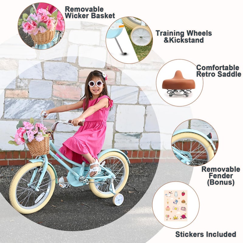 Glerc â€ŽLittle Molly 12 Inch Kids Bike, Retro Cruiser Girls Bicycle for Children Ages 2-4 Years Old, Toddler Bike with Wicker Basket & Training Wheels, Blue - Image 2