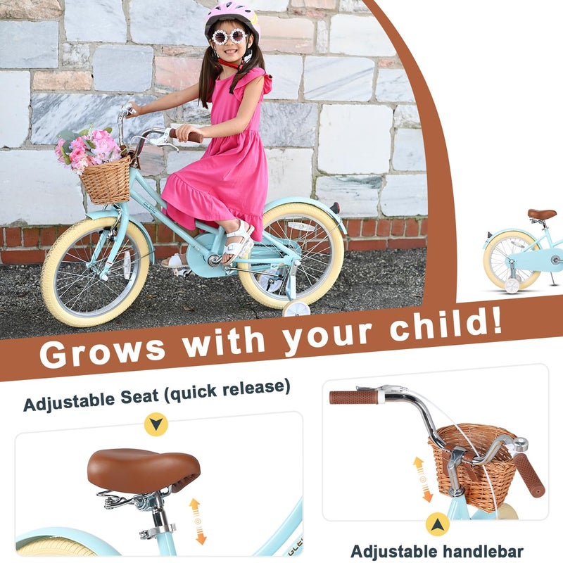 Glerc â€ŽLittle Molly 12 Inch Kids Bike, Retro Cruiser Girls Bicycle for Children Ages 2-4 Years Old, Toddler Bike with Wicker Basket & Training Wheels, Blue - Image 4