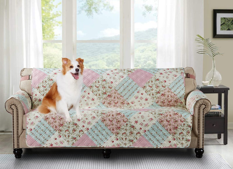 Brilliant Sunshine Brilliant Sunshine Roses Couch Slip Cover Patchwork Design Quilted Slipcover with 2 Strap 70 Seat Slip Resistant Cushion Protector Washable Sofa Covers for Dogs Cats Pets Kids Pink Green