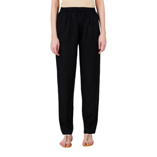 Happy Bunny Rayon Straight Pants for Women, Stylish Solid Regular Fit Kurti Bottom Wear with Elastic Waist, Adjustable Drawstring & Side Pocket, Casual, Office (XL, Black) - Image 1