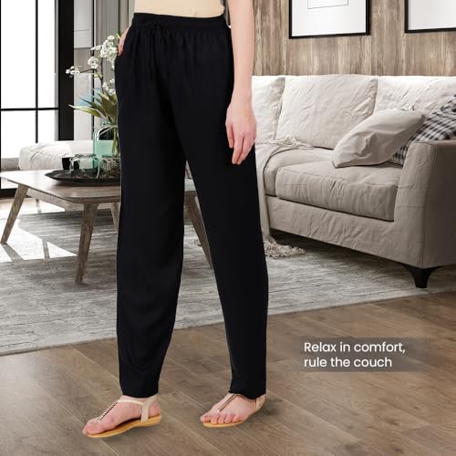 Happy Bunny Rayon Straight Pants for Women, Stylish Solid Regular Fit Kurti Bottom Wear with Elastic Waist, Adjustable Drawstring & Side Pocket, Casual, Office (XL, Black) - Image 3