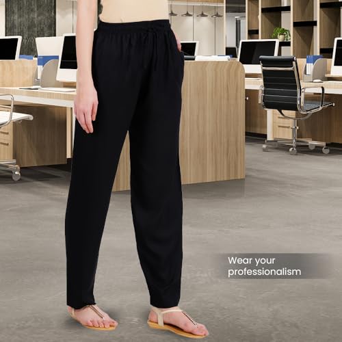 Happy Bunny Rayon Straight Pants for Women, Stylish Solid Regular Fit Kurti Bottom Wear with Elastic Waist, Adjustable Drawstring & Side Pocket, Casual, Office (XL, Black) - Image 5