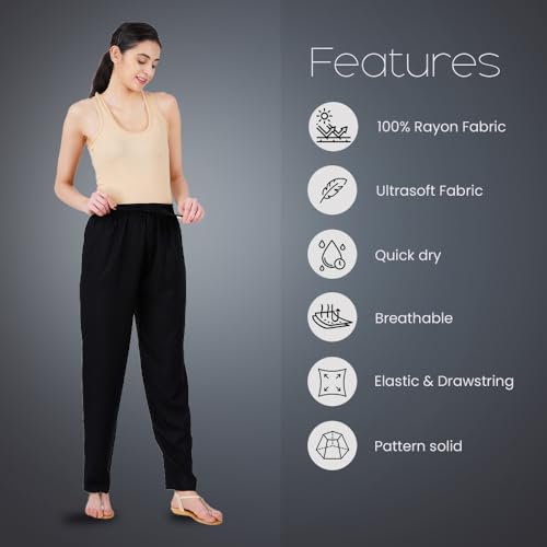 Happy Bunny Rayon Straight Pants for Women, Stylish Solid Regular Fit Kurti Bottom Wear with Elastic Waist, Adjustable Drawstring & Side Pocket, Casual, Office (XL, Black) - Image 2