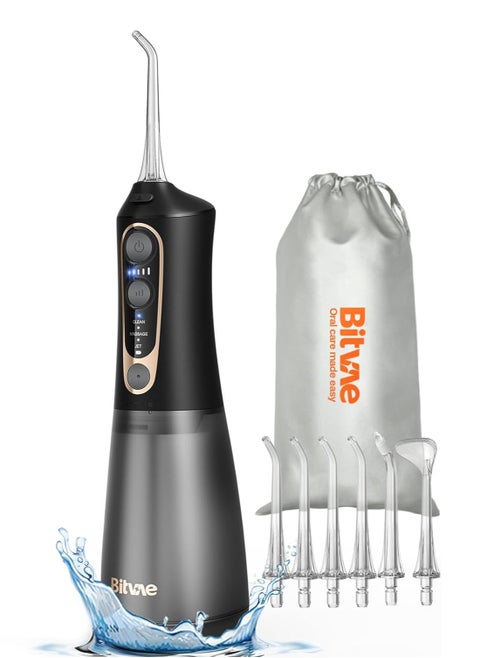 C6 Water Flossers for Teeth - Cordless Water Dental Flosser Teeth Picks for Travel with 6 Jet Tips, 3 Modes 5 intensities, IPX7 Waterproof Portable & Rechargeable Oral Irrigator Cleaner Black Gold