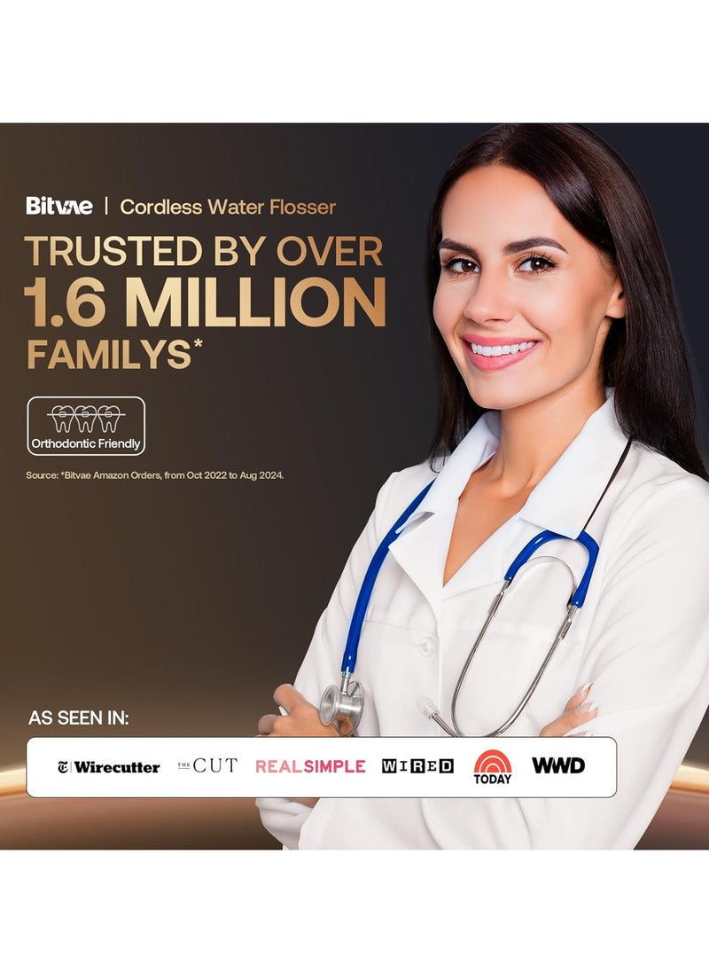Bitvae - C6 Water Flossers for Teeth - Cordless Water Dental Flosser Teeth Picks for Travel with 6 Jet Tips, 3 Modes 5 intensities, IPX7 Waterproof Portable & Rechargeable Oral Irrigator Cleaner Black Gold - Image 1