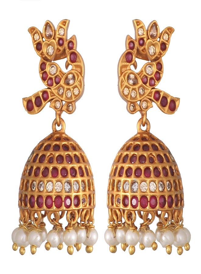 TARINIKA Antique Gold Plated Jhumka Earrings with CZ Stones & Pearls - Brass Fashion Jewelry for Women Traditional Pearl Jhumki Ethinic Style (Prerna Antique(White Red)) - Image 1