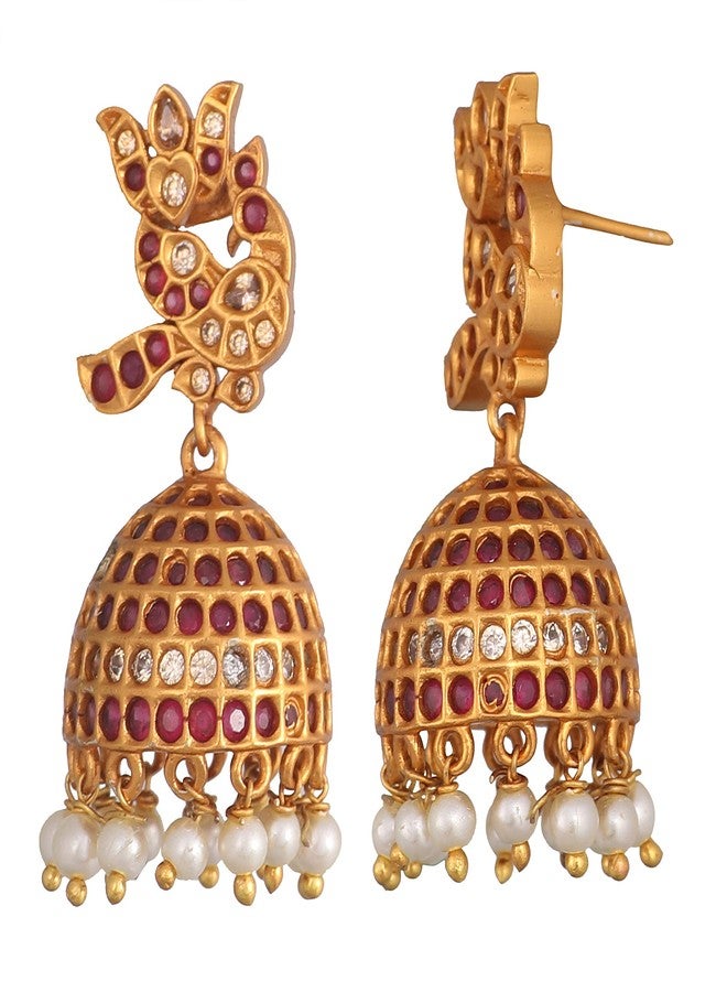 TARINIKA Antique Gold Plated Jhumka Earrings with CZ Stones & Pearls - Brass Fashion Jewelry for Women Traditional Pearl Jhumki Ethinic Style (Prerna Antique(White Red)) - Image 4