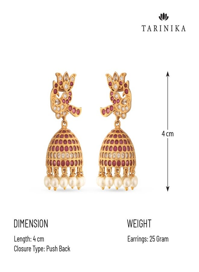 TARINIKA Antique Gold Plated Jhumka Earrings with CZ Stones & Pearls - Brass Fashion Jewelry for Women Traditional Pearl Jhumki Ethinic Style (Prerna Antique(White Red)) - Image 5