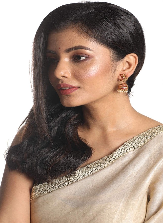 TARINIKA Antique Gold Plated Jhumka Earrings with CZ Stones & Pearls - Brass Fashion Jewelry for Women Traditional Pearl Jhumki Ethinic Style (Prerna Antique(White Red)) - Image 3