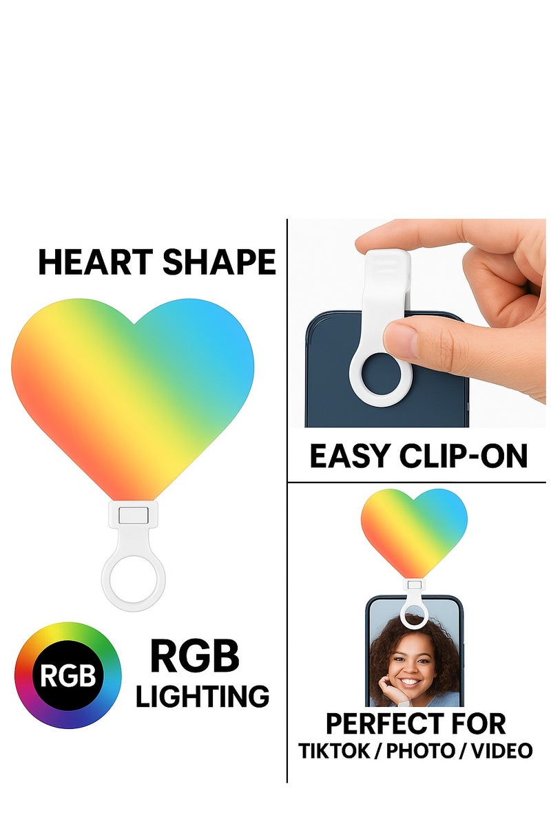 Selfie Light Clip-on Rechargeable LED Fill with 3 Light Modes & Adjustable Brightness, Portable Circle Light for iPhone, Laptop, Makeup, Video Conferencing, TikTok & Live Stream Heart Shaped. - Image 2