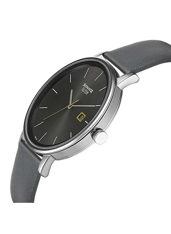 Sonata Round Shape Leather Band Analog Wrist Watch 7131SL05 - 42 mm - Black