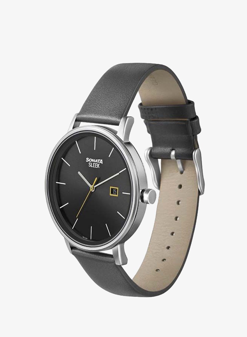 Sonata Round Shape Leather Band Analog Wrist Watch 7131SL05 - 42 mm - Black - Image 2