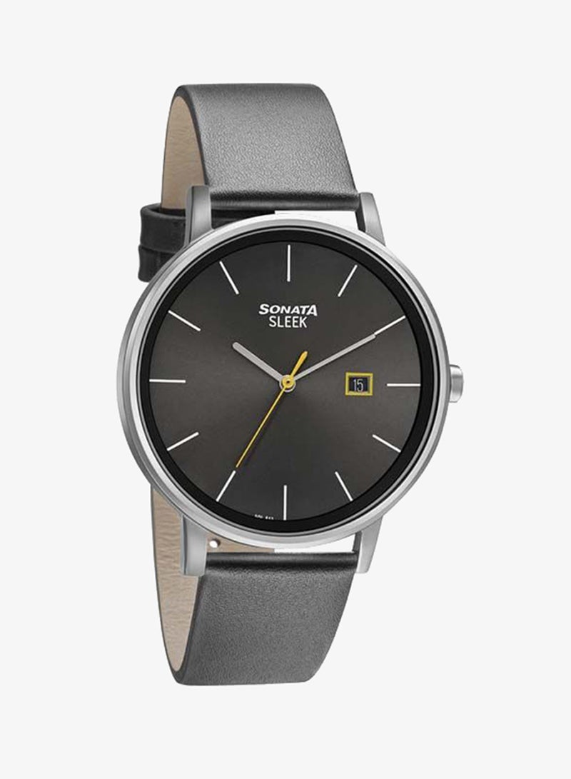 Sonata Round Shape Leather Band Analog Wrist Watch 7131SL05 - 42 mm - Black - Image 1