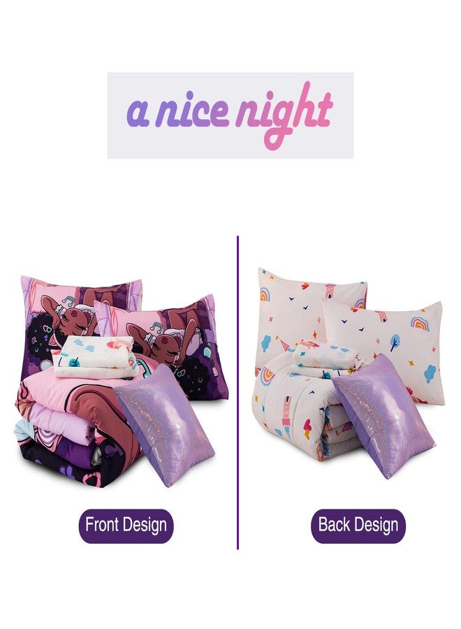 A Nice Night طقم لحاف "ليلة سعيدة" أرجواني، مطبوع عليه صورة فتاة سوداء تستمع للموسيقى، 6 قطع، طقم سرير كامل الحجم مناسب لجميع الفصول، للأطفال والفتيات - Image 5