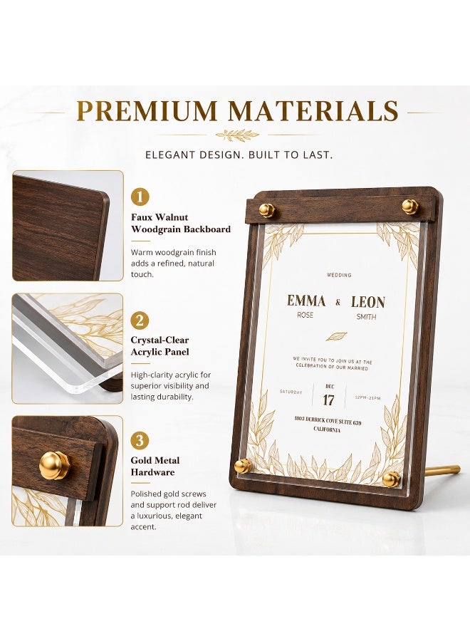 SRLIWHITE A6 Acrylic Display Sign, Faux Walnut Woodgrain Frame, Clear Acrylic Panel, Gold Metal Hardware, Tabletop Menu Holder, Certificate And Price Display (14.5*19.5 CM) - Image 3