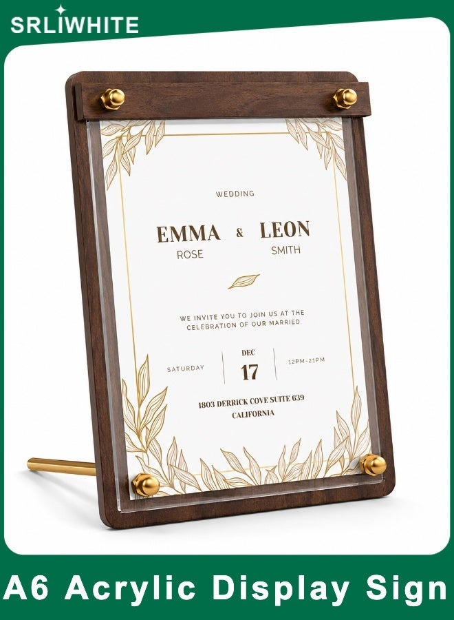 SRLIWHITE A6 Acrylic Display Sign, Faux Walnut Woodgrain Frame, Clear Acrylic Panel, Gold Metal Hardware, Tabletop Menu Holder, Certificate And Price Display (14.5*19.5 CM) - Image 1