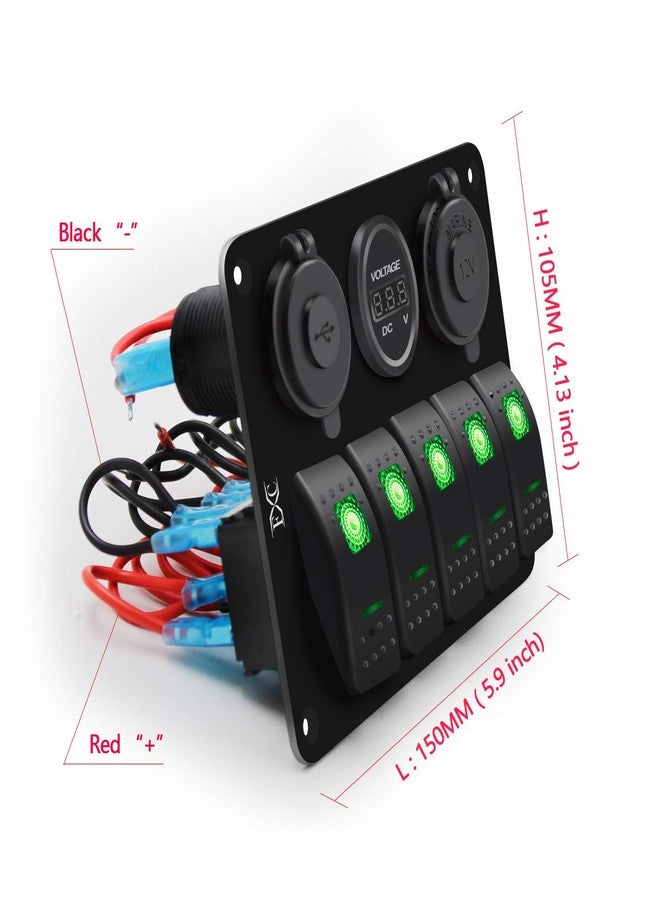 FXC Green Waterproof Rocker Switch Panel with QC3.0 USB Type C Socket + Lighter + Energy Saving LED Voltmeter for Car, RV, Marine Truck - Image 4