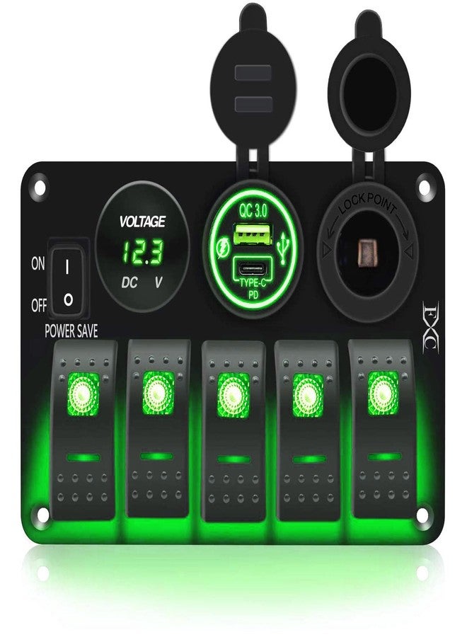 FXC Green Waterproof Rocker Switch Panel with QC3.0 USB Type C Socket + Lighter + Energy Saving LED Voltmeter for Car, RV, Marine Truck - Image 1