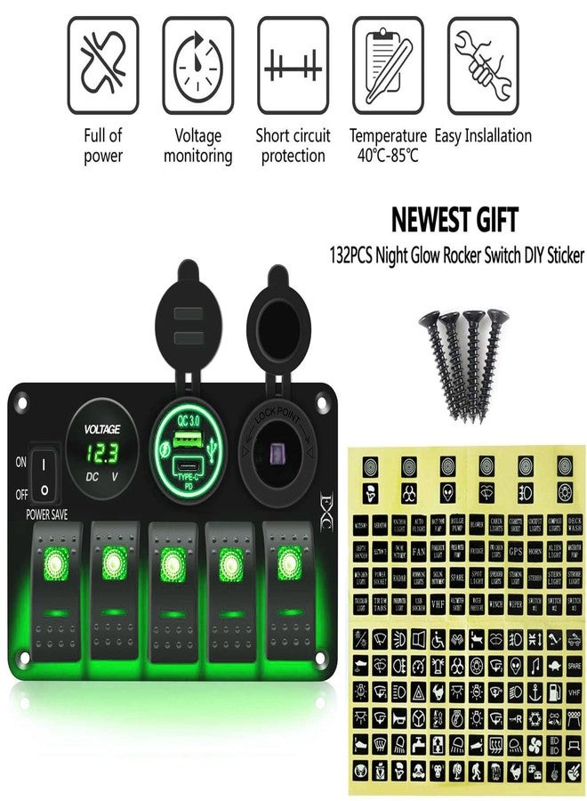 FXC Green Waterproof Rocker Switch Panel with QC3.0 USB Type C Socket + Lighter + Energy Saving LED Voltmeter for Car, RV, Marine Truck - Image 3