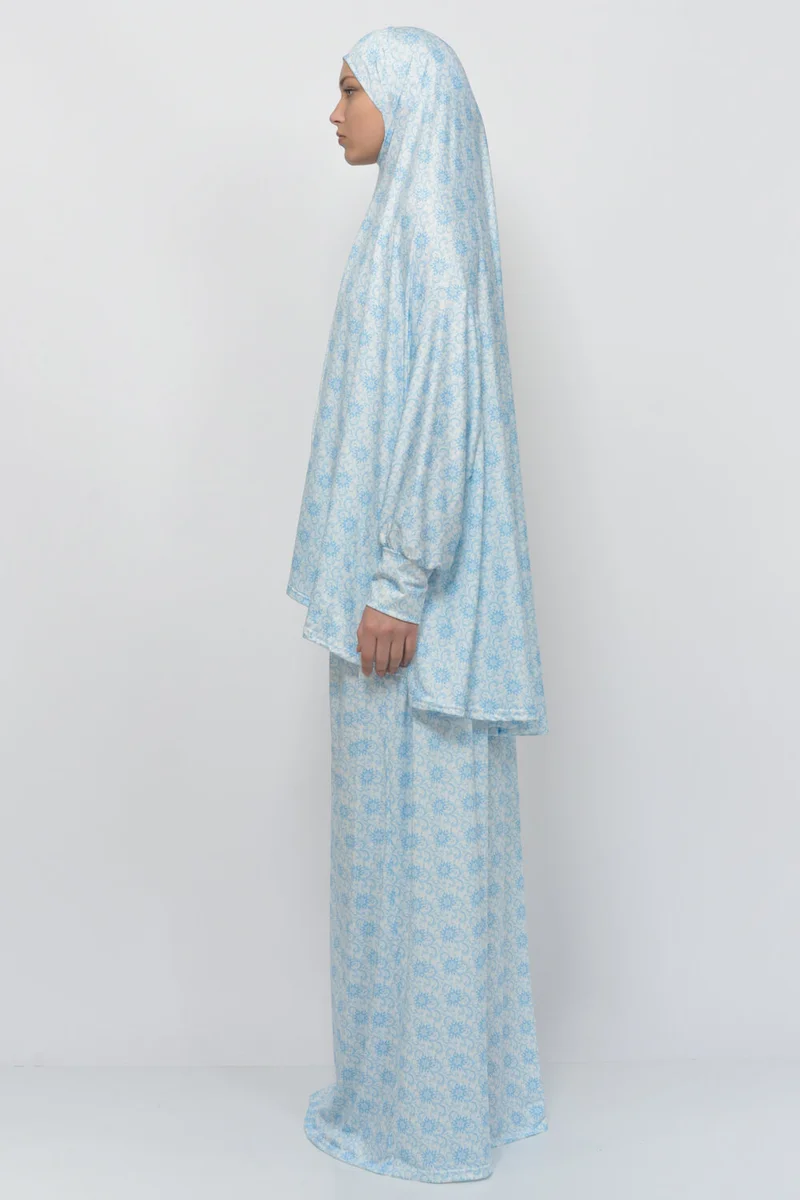 التوبة Practical Two Piece Sun Patterned Bat Sleeves Lycra Hijab Prayer Dress with Headscarf 992-0310