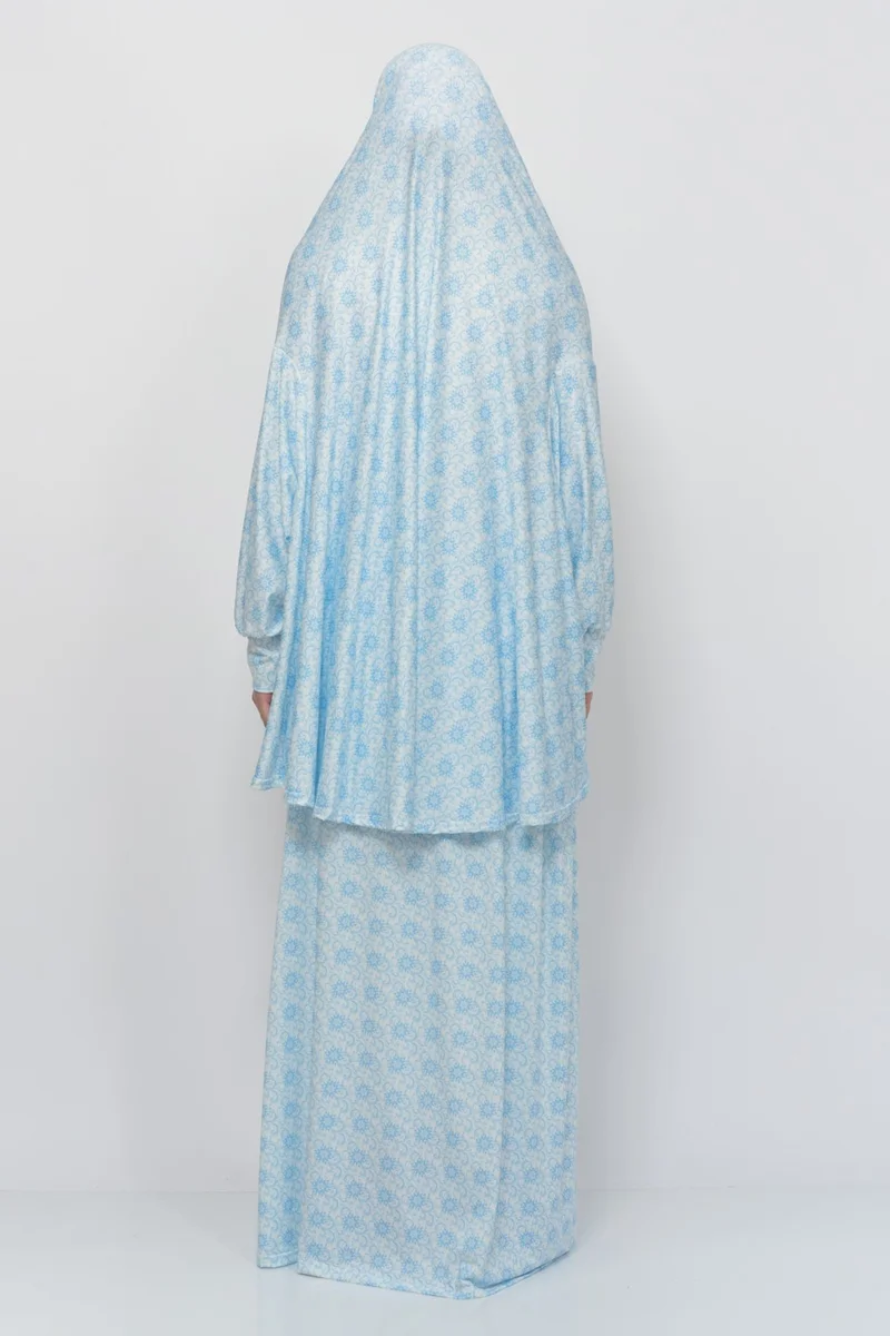 التوبة Practical Two Piece Sun Patterned Bat Sleeves Lycra Hijab Prayer Dress with Headscarf 992-0310