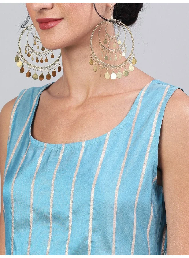 أيه كيه إس Blue Gold Zari Stripes Woven Design Straight Kurta