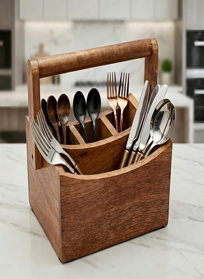 UMAAS® Handmade Wooden Multipurpose Cutlery Holder Basket with Foldable Handle | Spoon Stand & Organizer for Kitchen & Dining Table | 4 Compartments Caddy Storage Organizer | Brown - Image 5