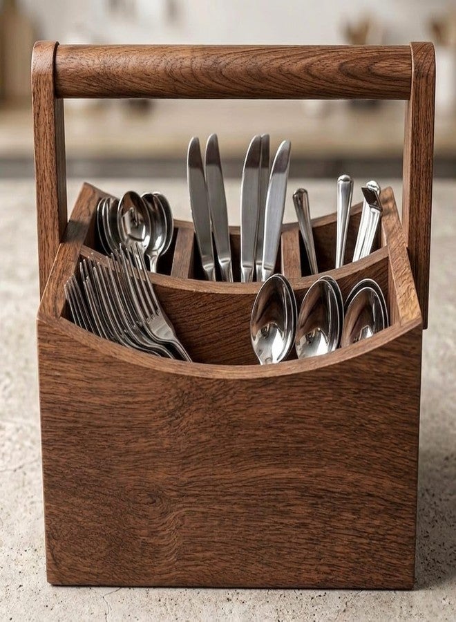 UMAAS® Handmade Wooden Multipurpose Cutlery Holder Basket with Foldable Handle | Spoon Stand & Organizer for Kitchen & Dining Table | 4 Compartments Caddy Storage Organizer | Brown - Image 2