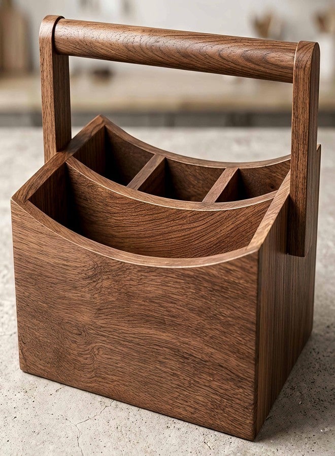 UMAAS® Handmade Wooden Multipurpose Cutlery Holder Basket with Foldable Handle | Spoon Stand & Organizer for Kitchen & Dining Table | 4 Compartments Caddy Storage Organizer | Brown - Image 3