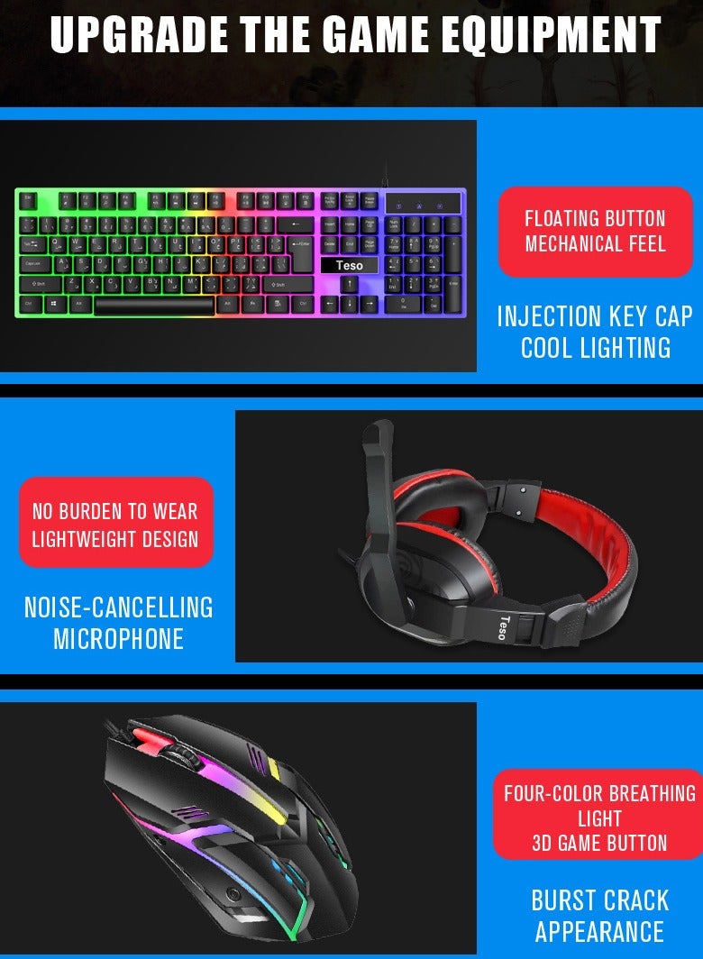 مجموعة ألعاب 4 في 1 مع إضاءة RGB ولوحة مفاتيح وماوس للألعاب وسماعة رأس للألعاب ولوحة ماوس
