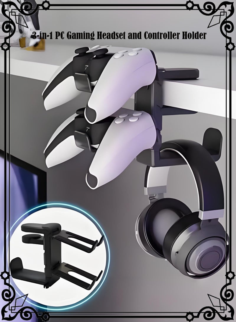 3-in-1 PC Gaming Headset and Controller Holder, Headphone Stand with 360° Rotation Non-Slip Clamp & 2 Controller Holders, Universal Gaming Accessories Organizer for Controllers, Headphones, and Cables - Image 1