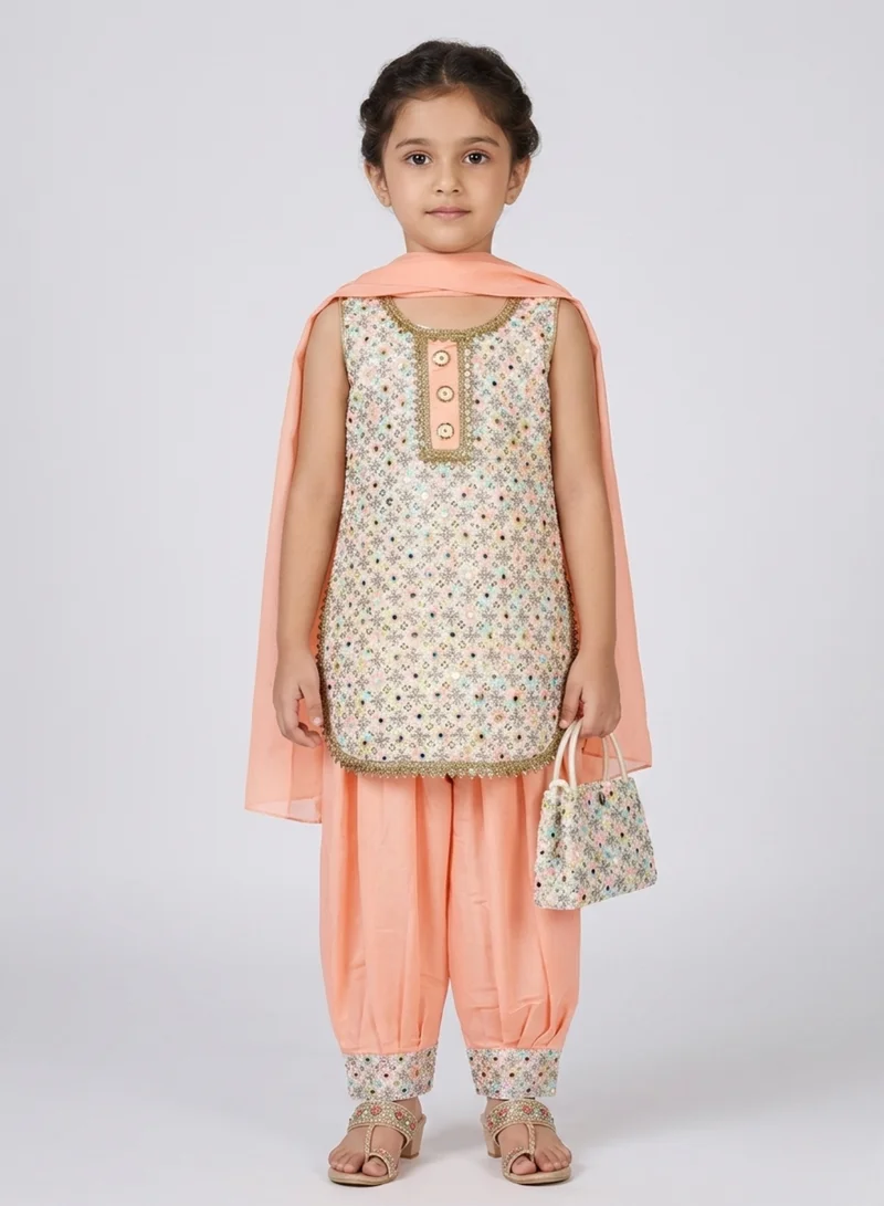 babyqlo Girls Peach Sleeveless Ethnic Set