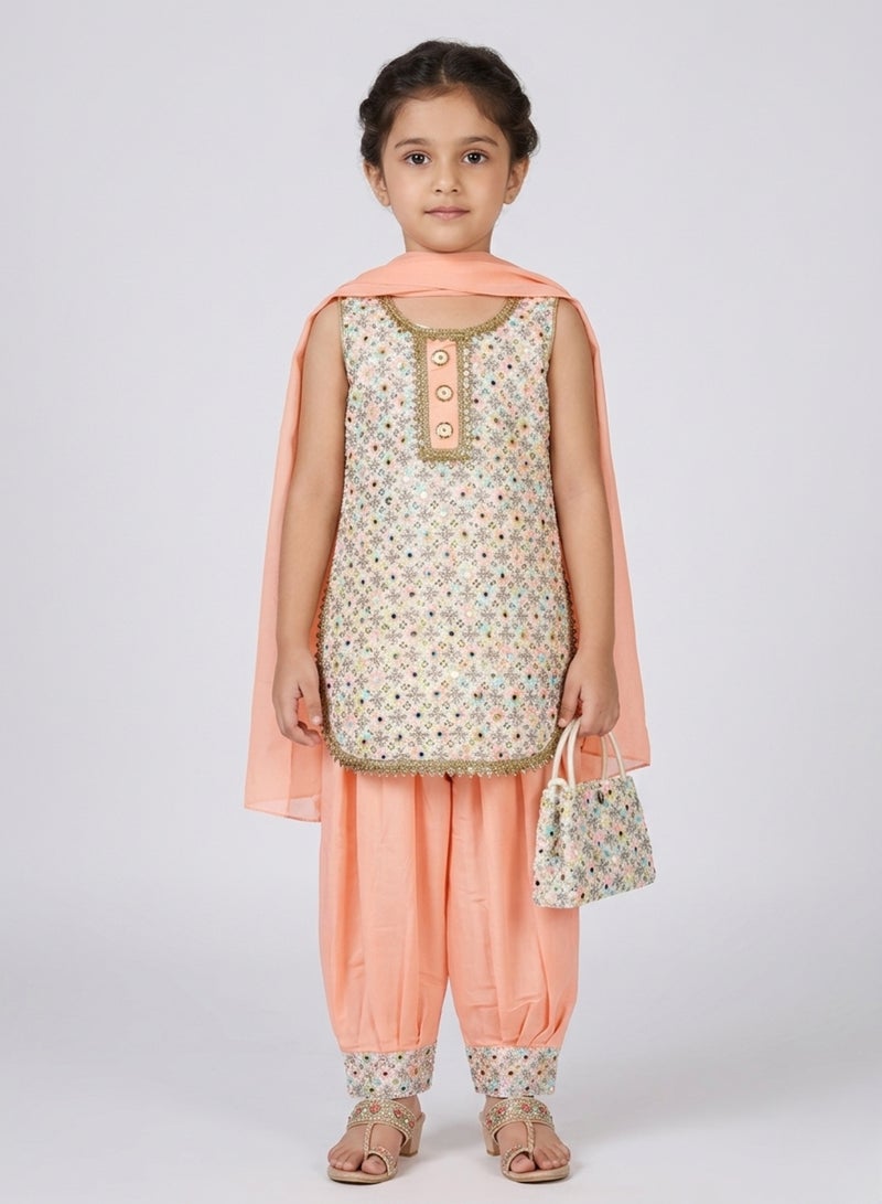 babyqlo Girls Peach Sleeveless Ethnic Set - Image 1