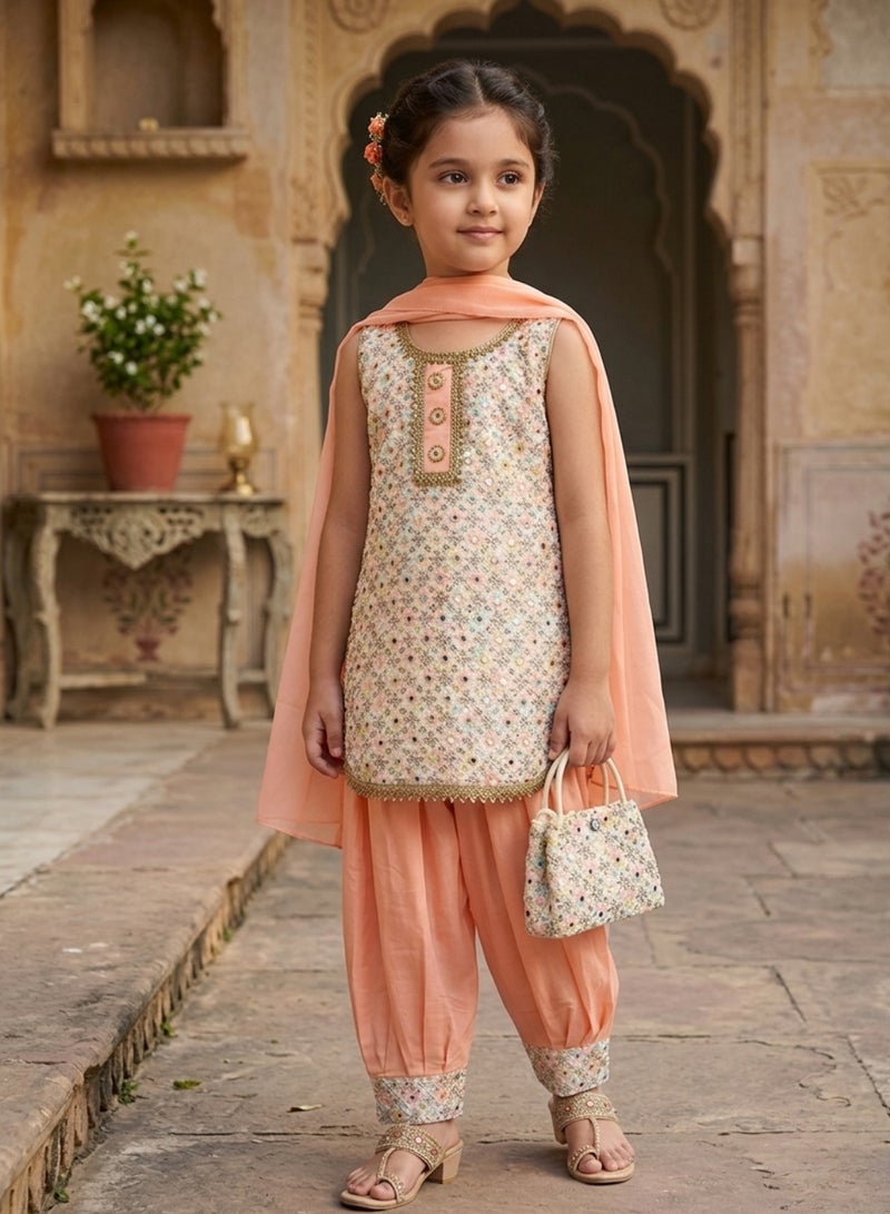 babyqlo Girls Peach Sleeveless Ethnic Set - Image 3
