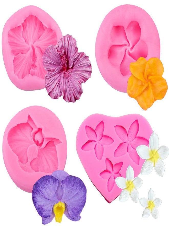metulip 4Pcs Hibiscus Flower Fondant Molds Plumeria Mould Orchid Silicone Molds for Cake Decorating Chocolate Cupcake Topper Candy Polymer Clay Gum Paste - Image 1