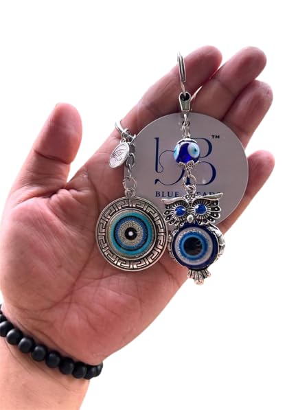 BLUE BEADS Evil Eye Wall Hanging with Keychain, Blue Glass Nazar Protection Charm for Home, Car and Office, Good Luck Vastu Decor, 2-in-1 Pack (keychain combo) - Image 1