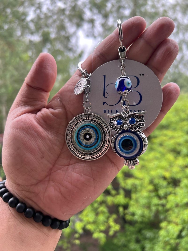 BLUE BEADS Evil Eye Wall Hanging with Keychain, Blue Glass Nazar Protection Charm for Home, Car and Office, Good Luck Vastu Decor, 2-in-1 Pack (keychain combo) - Image 2