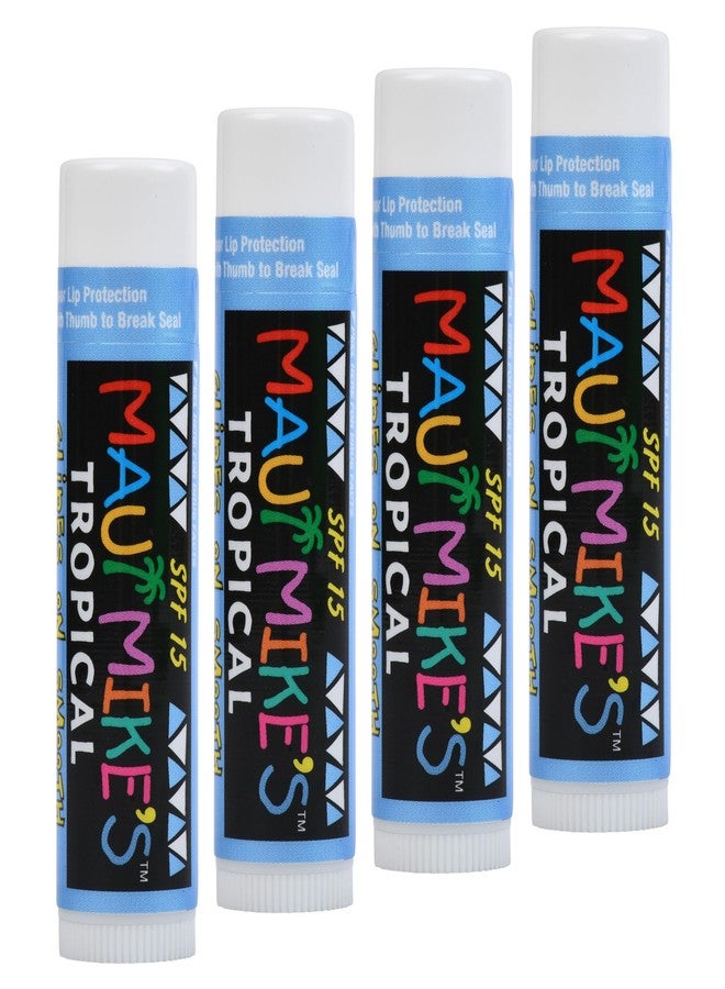 MAUI MIKE'S مرطب شفاه ماوي مايك بعامل حماية من الشمس SPF-15، بنكهة استوائية مميزة، مع حماية من الشمس (عبوة من 4 قطع). يحتوي على فيتامين E، والصبار، وشمع العسل. غير شمعي. أفضل مرطب شفاه لنكهة تدوم طويلاً. - Image 1
