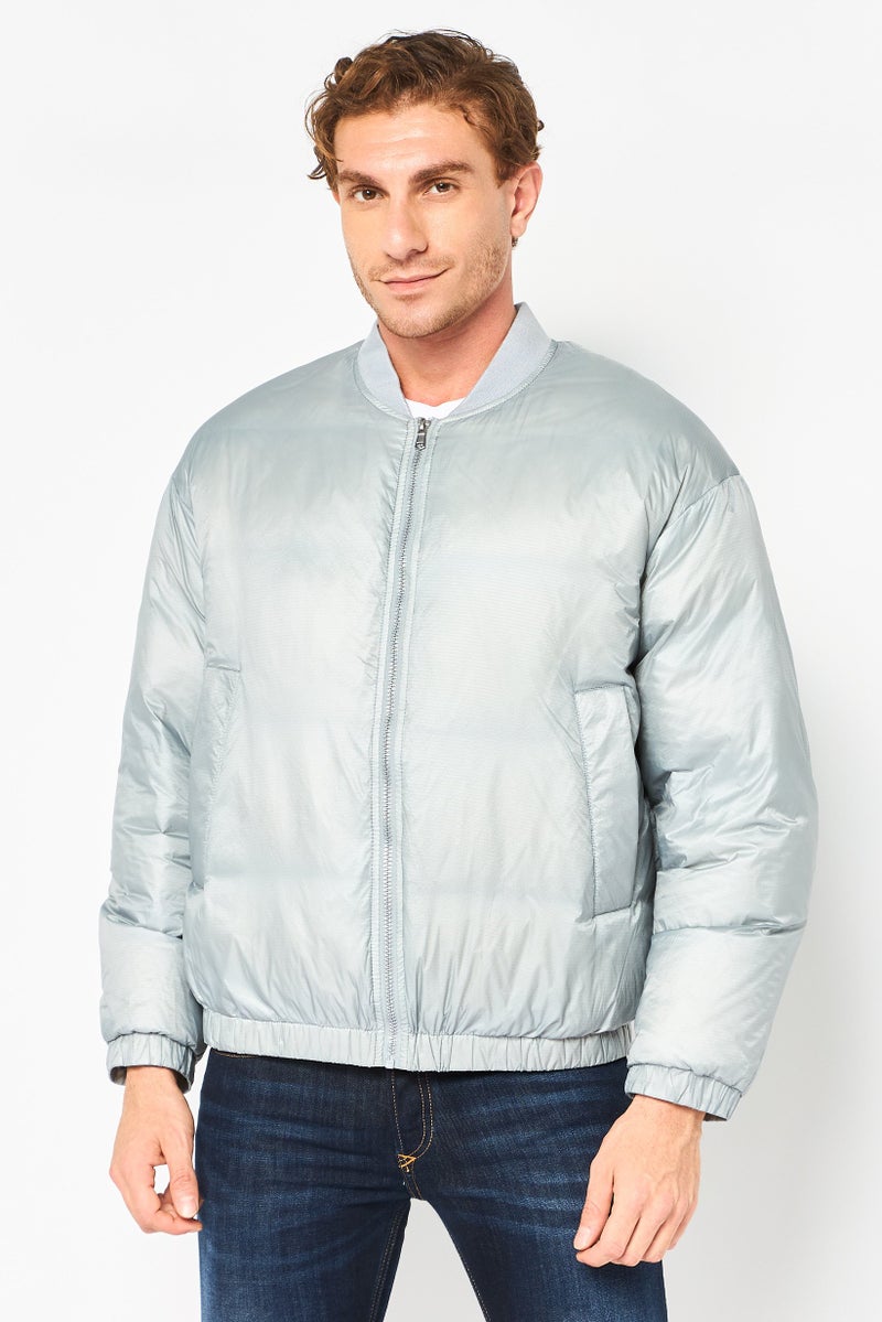 Selected Homme Men Oversize Micro Check Bomber Jacket, Metallic Grey - Image 1