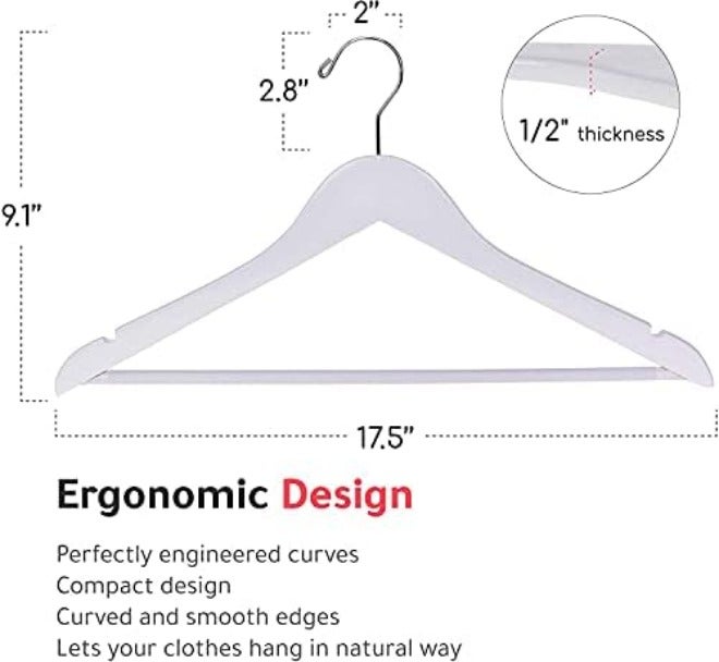 Quality Hangers شماعات خشبية عالية الجودة - طقم شماعات مقوسة قليلاً - شماعات معاطف من الخشب الصلب بخطافات كرومية أنيقة - شماعات متينة للملابس، والسترات، والقمصان، والسراويل، والبدلات (لون طبيعي، 10 قطع) - Image 3