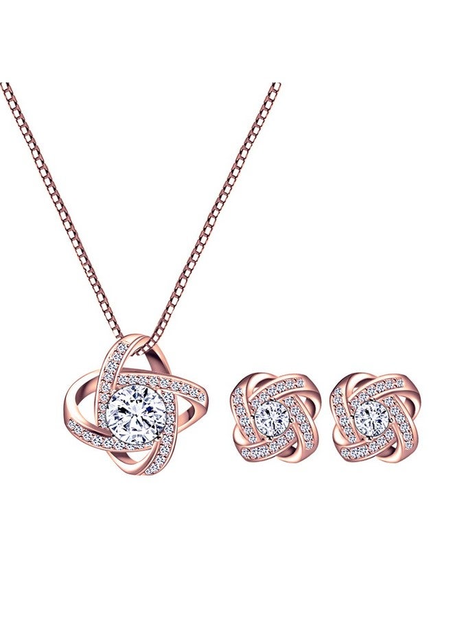 AMYJANE Crystal Jewelry Set For Women - Elegant Rose Gold Jewelry Set For Wedding Bridal Crystal Cubic Zirconia Love Knot Pendant Necklace Earrings For Party Prom Valentine'S Day Fashion Jewelry Set - Image 1