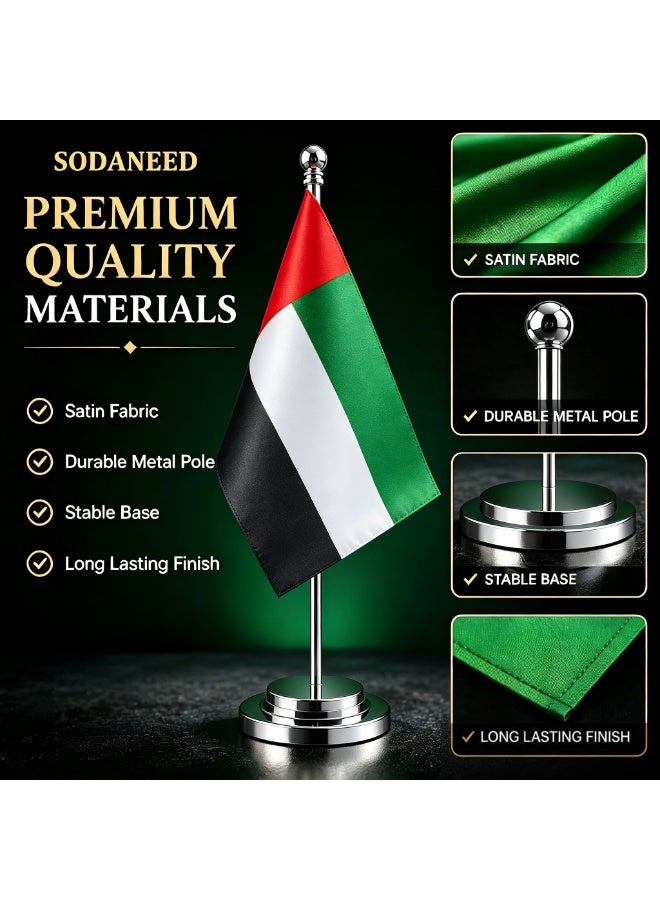 SODANEED United Arab Emirates Table Flag, UAE Office Desk Flag with Metal Stainless Steel pole & Suede Base, Perfect for Office desk, Home Decor, Conferences & Saudi National Day Celebrations (GOLD BASE) - Image 4