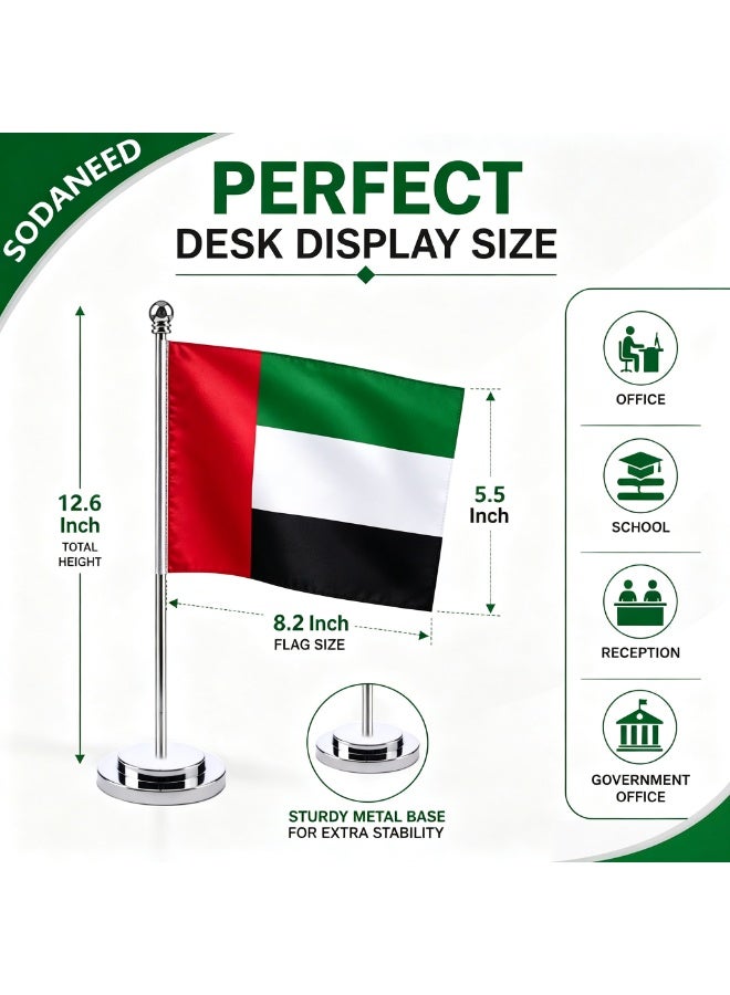 SODANEED United Arab Emirates Table Flag, UAE Office Desk Flag with Metal Stainless Steel pole & Suede Base, Perfect for Office desk, Home Decor, Conferences & Saudi National Day Celebrations (GOLD BASE) - Image 2