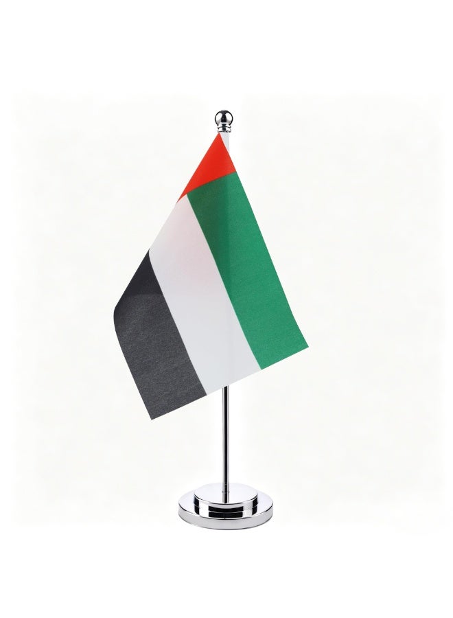 SODANEED United Arab Emirates Table Flag, UAE Office Desk Flag with Metal Stainless Steel pole & Suede Base, Perfect for Office desk, Home Decor, Conferences & Saudi National Day Celebrations (GOLD BASE) - Image 1