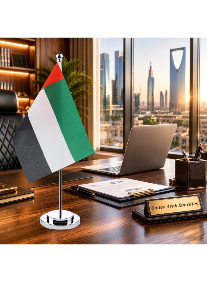 SODANEED United Arab Emirates Table Flag, UAE Office Desk Flag with Metal Stainless Steel pole & Suede Base, Perfect for Office desk, Home Decor, Conferences & Saudi National Day Celebrations (GOLD BASE) - Image 3